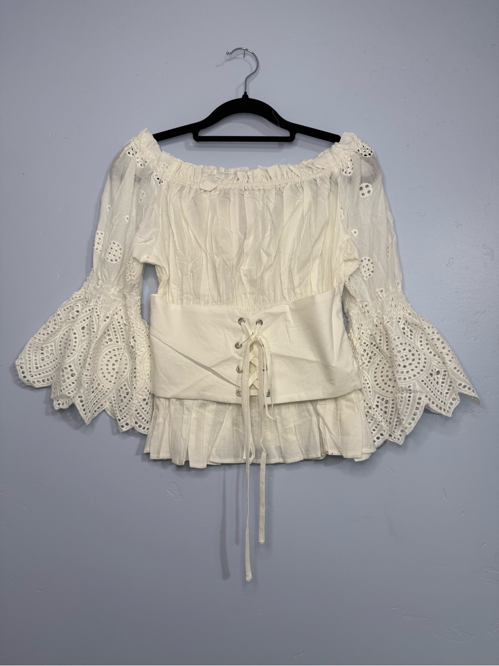 Off-Shoulder Eyelet Peasant Top with Lace-Up Waist Fairycore Boho - Picture 2 of 7